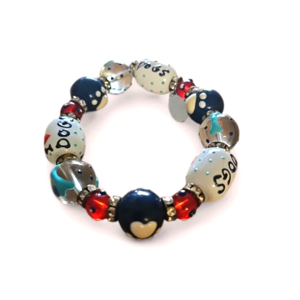 Signed Kate & Macy I Love Dogs Glass Design Bead Streachy Bracelet. - Picture 5 of 5